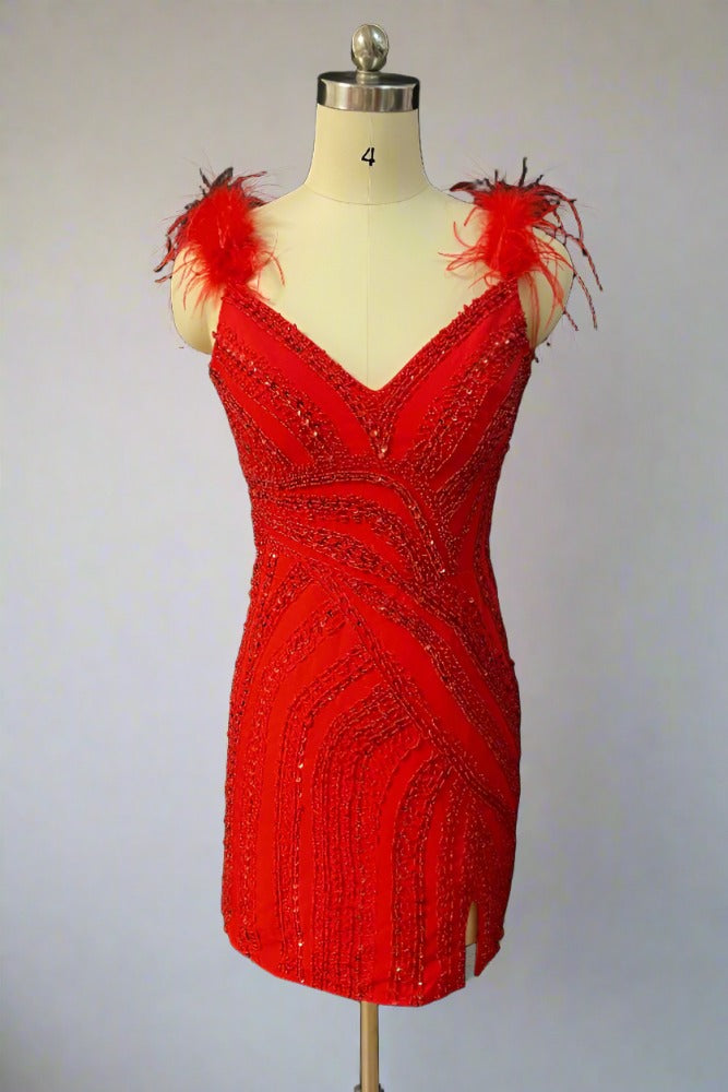 Red V-Neck Beading Bodycon Homecoming Dress with Feather