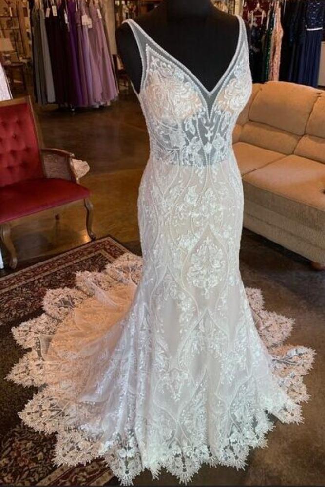 Ivory V-Neck Lace Beading Mermaid Wedding Dress