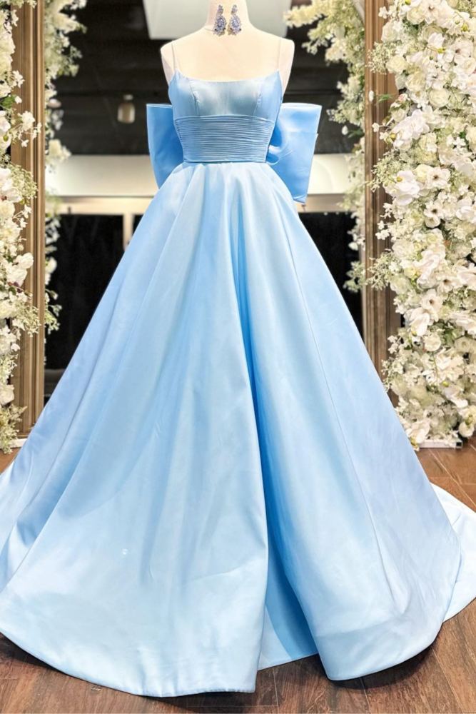 Light Blue Ruffle A-Line Long Prom Dress with Bow