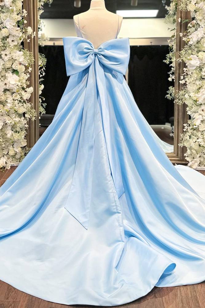 Light Blue Ruffle A-Line Long Prom Dress with Bow