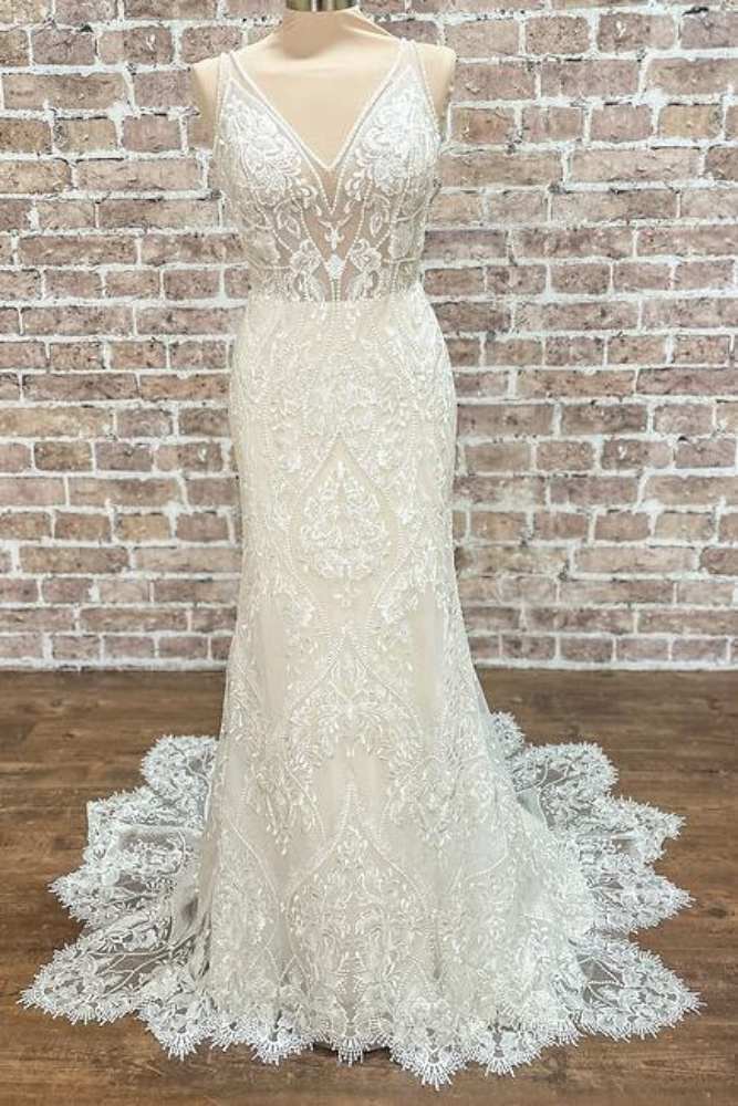 Ivory V-Neck Lace Beading Mermaid Wedding Dress