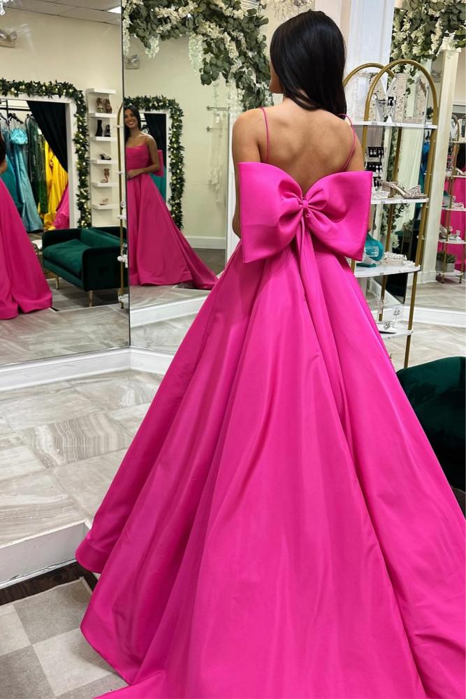 Fuchsia Ruffle A-Line Long Prom Dress with Bow