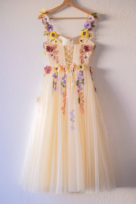 Champagne 3D Floral Corset A-line Tulle Long Prom Dress