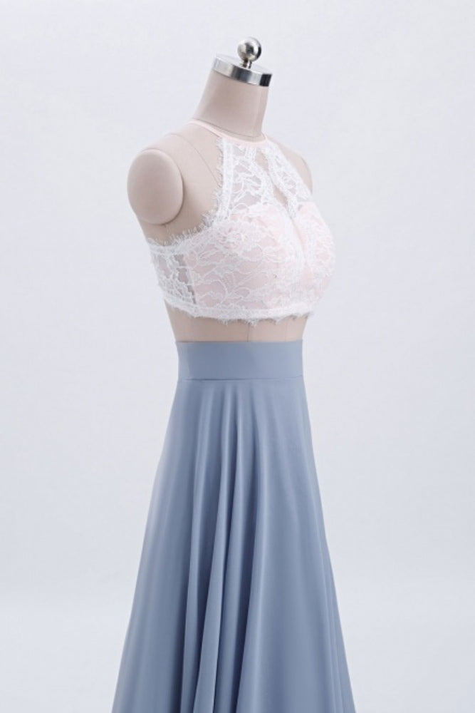 Dusty Blue Halter Lace Two-Piece Bridesmaid Dress