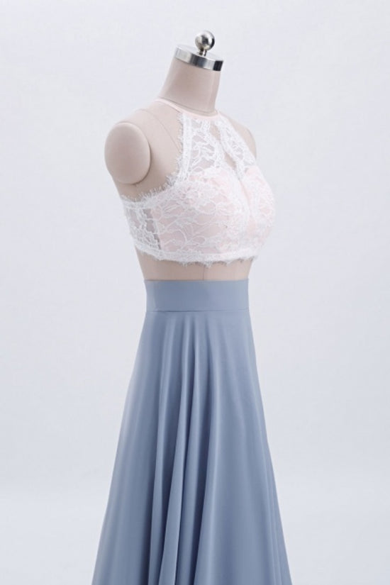 Dusty Blue Halter Lace Two-Piece Bridesmaid Dress