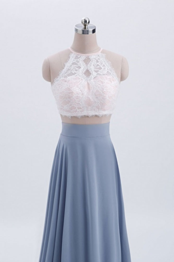 Dusty Blue Halter Lace Two-Piece Bridesmaid Dress