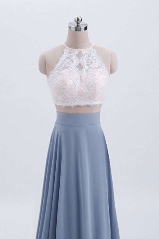 Dusty Blue Halter Lace Two-Piece Bridesmaid Dress