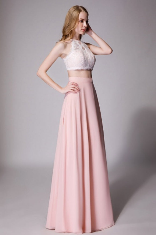 Pink Halter Lace Two-Piece Bridesmaid Dress