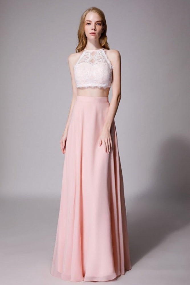 Pink Halter Lace Two-Piece Bridesmaid Dress