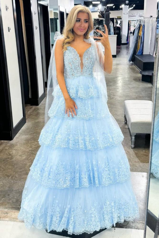 Light Blue Bow Tie Straps Applique Tiered Prom Dress