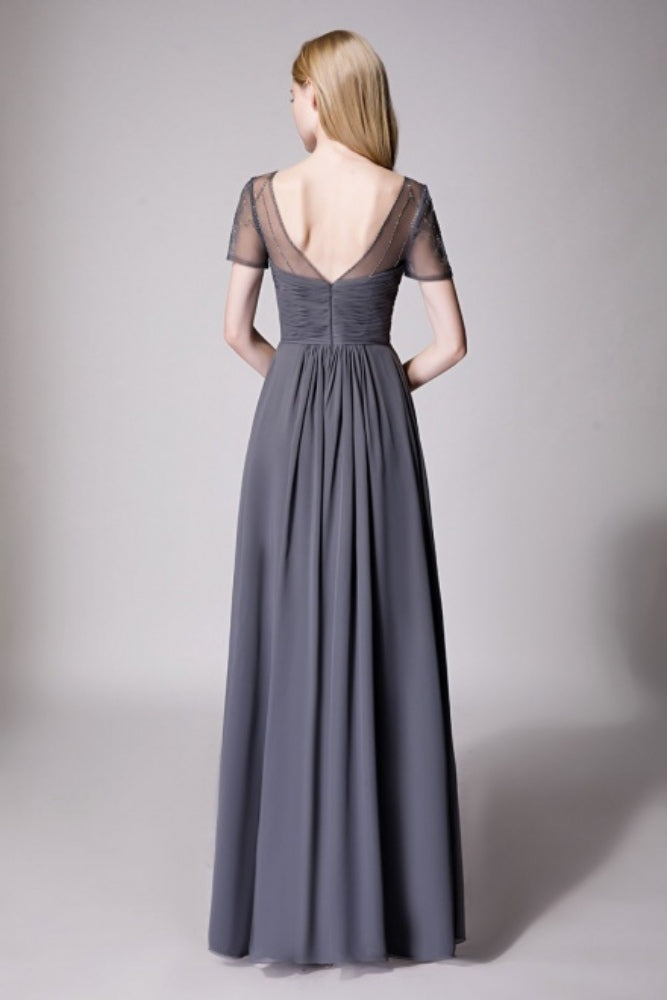 Grey V-Neck Pleated Hi-Low Bridesmaid Dress