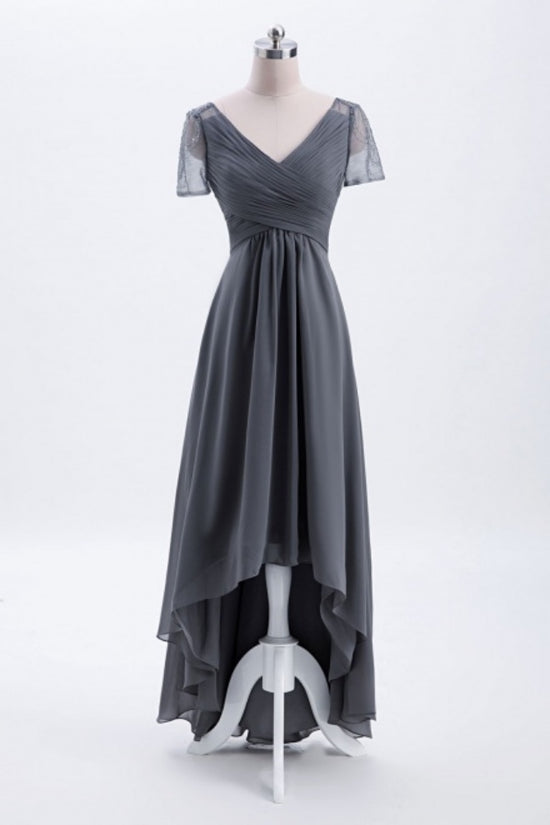 Grey V-Neck Pleated Hi-Low Bridesmaid Dress