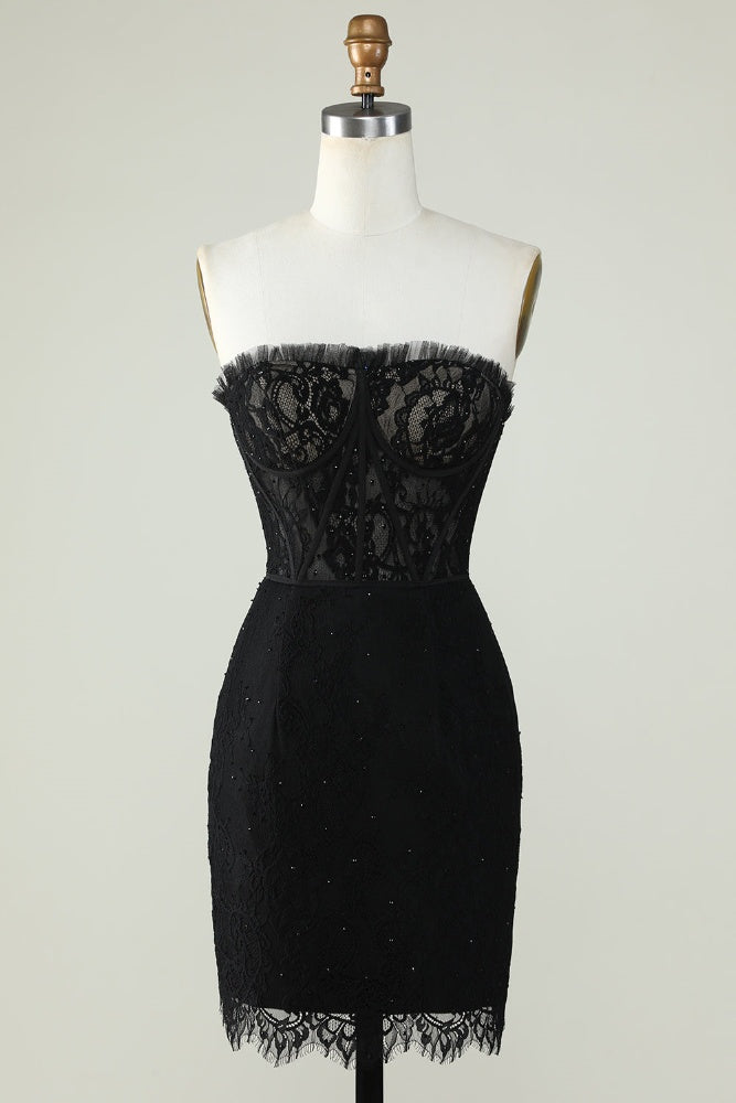 Strapless Black Lace Corset Short Homecoming Dress