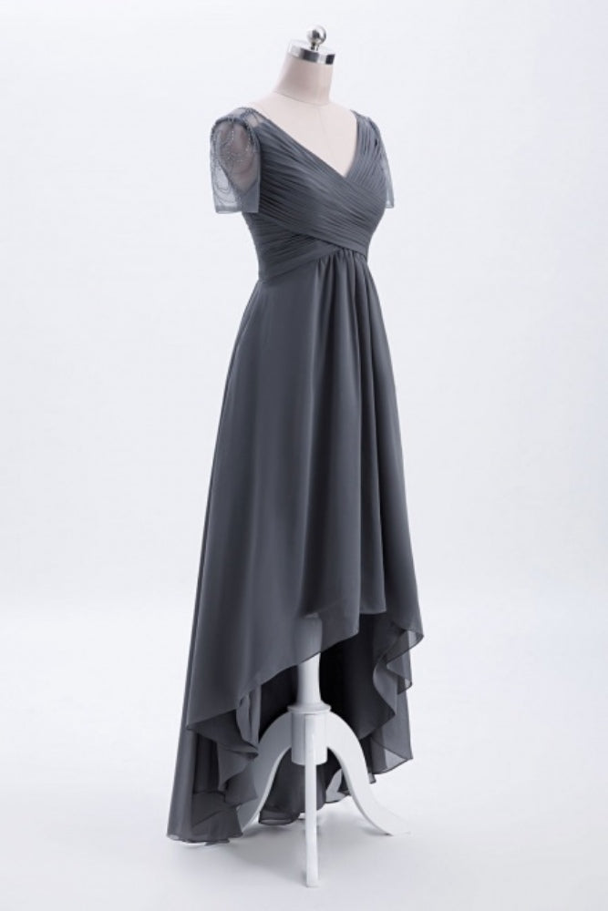 Grey V-Neck Pleated Hi-Low Bridesmaid Dress