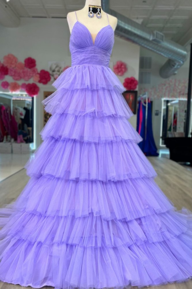 Lavender V-Neck Tiered A-Line Tulle Prom Dress