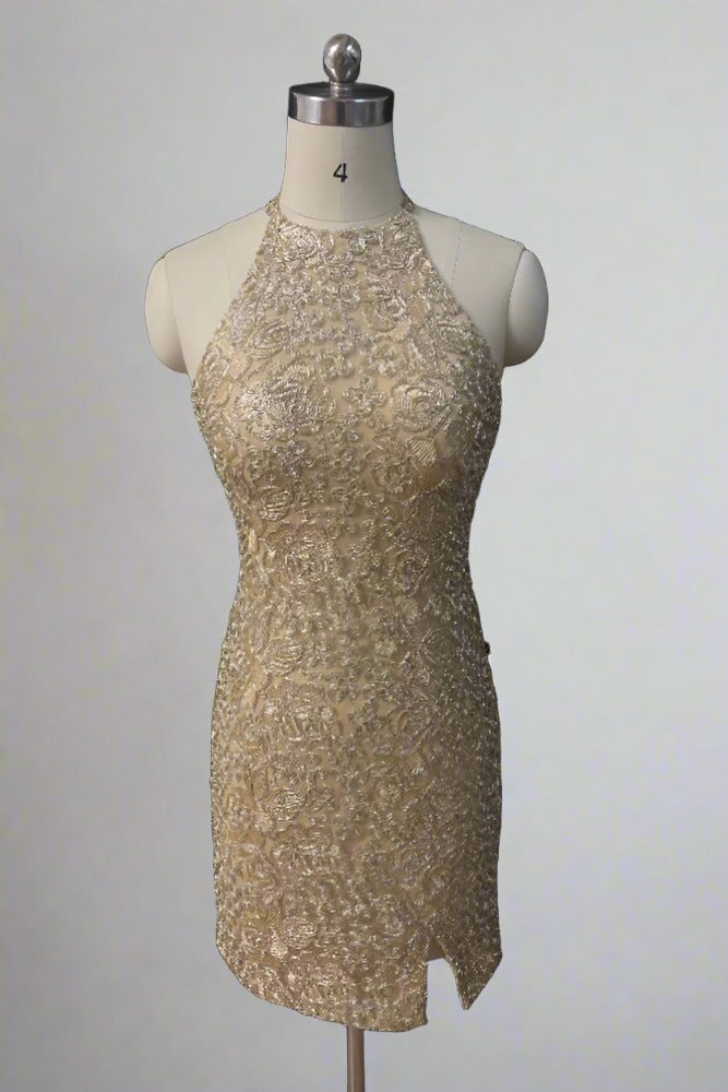 Gold Halter Applique Tight Homecoming Dress