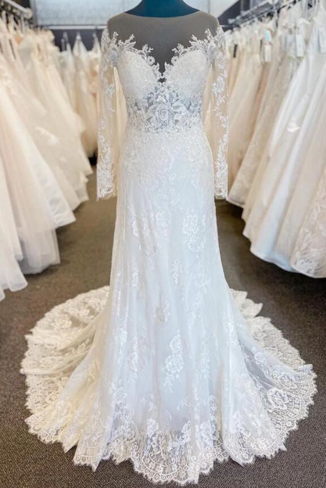 Ivory Illusion Neck Lace Mermaid Wedding Dress with Button Back