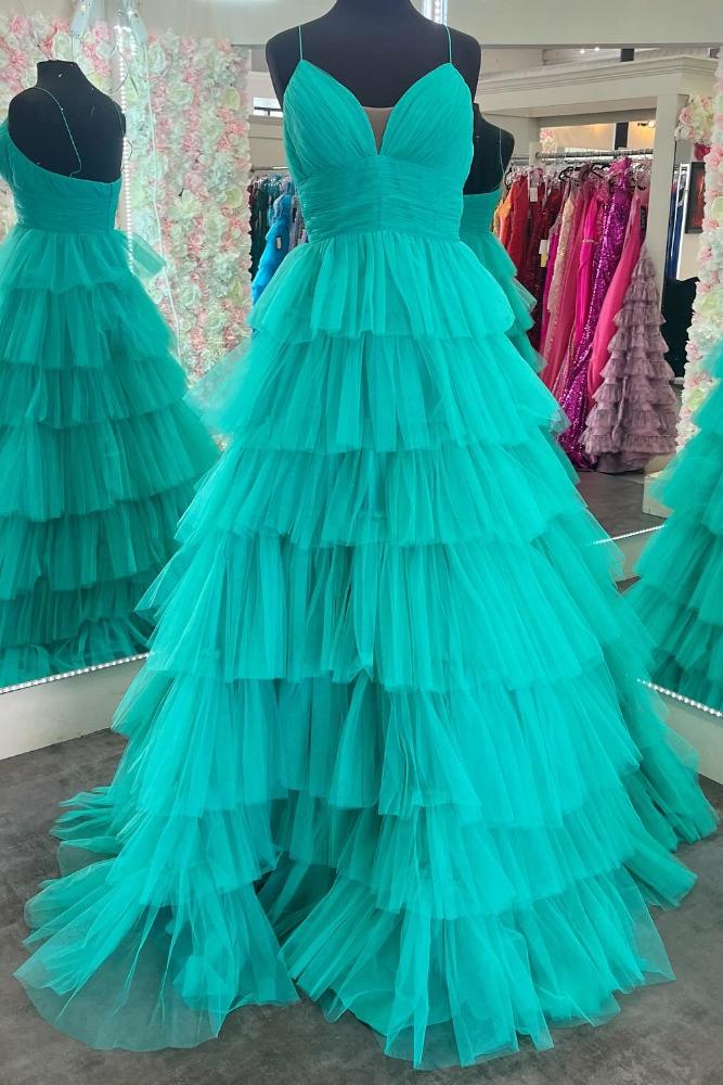 Aqua Blue V-Neck Tiered A-Line Tulle Prom Dress