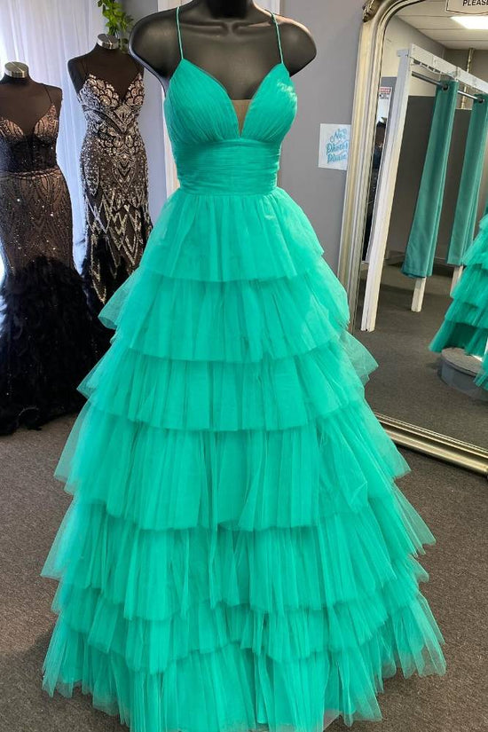 Aqua Blue V-Neck Tiered A-Line Tulle Prom Dress