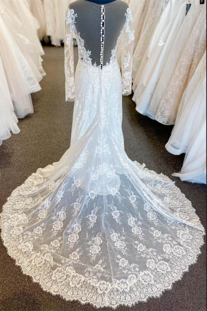 Ivory Illusion Neck Lace Mermaid Wedding Dress with Button Back