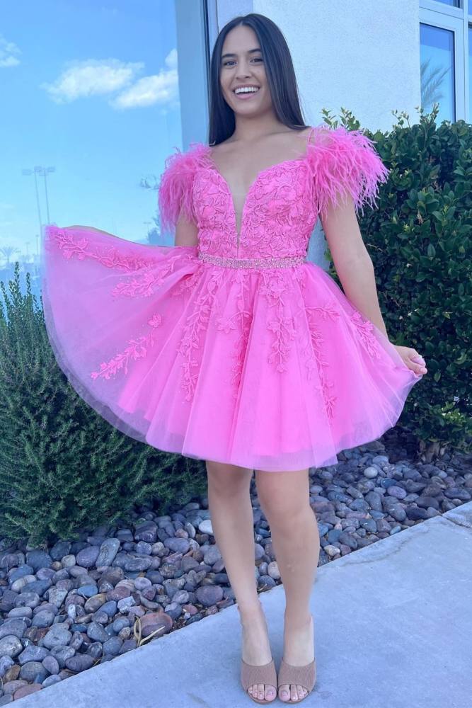 Pink Off-the-Shoulder Appliques A-line Homecoming Dress with Feathers