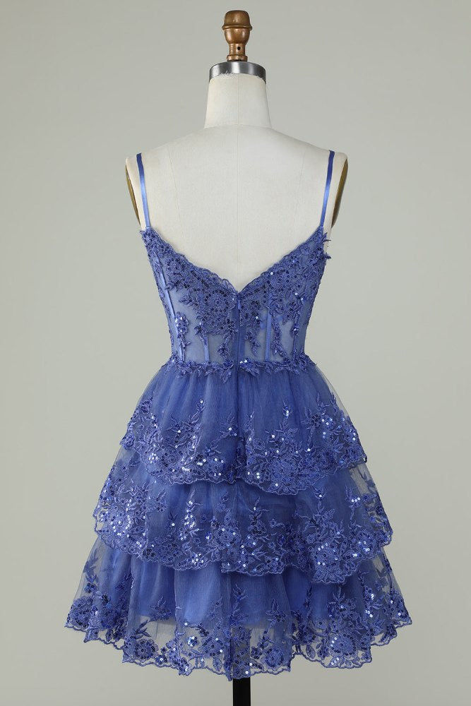 Blue Spaghetti Straps A-line Tiered Homecoming Dress