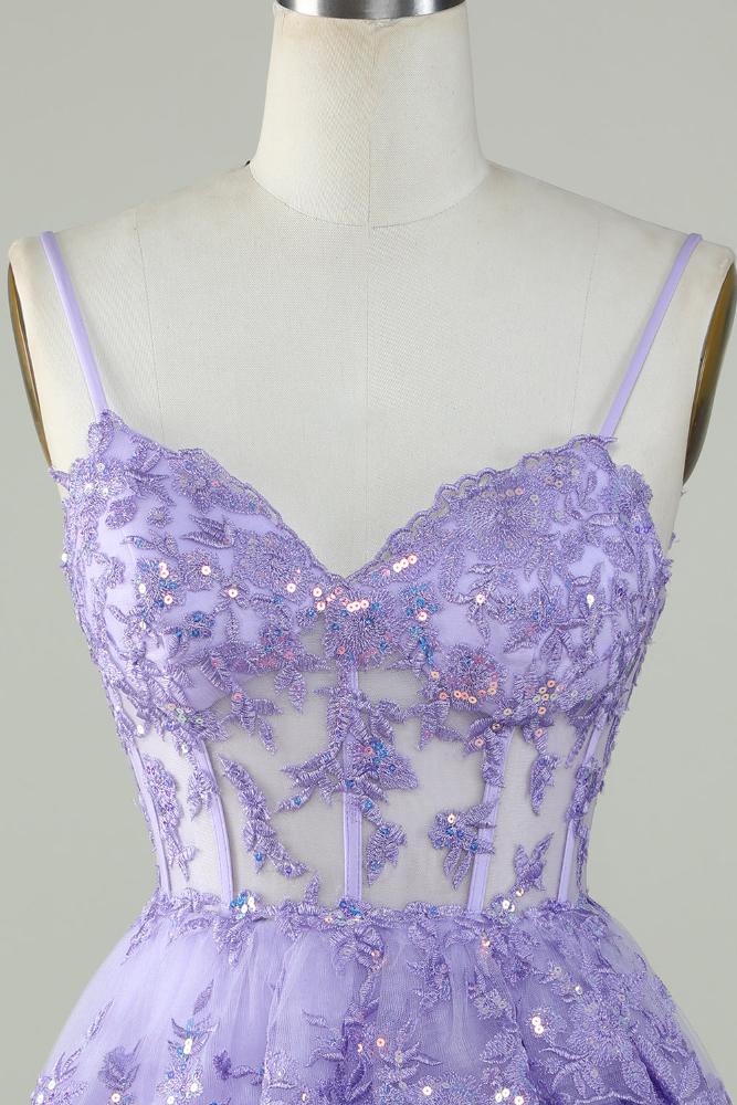 Lavender Spaghetti Straps A-line Tiered Homecoming Dress