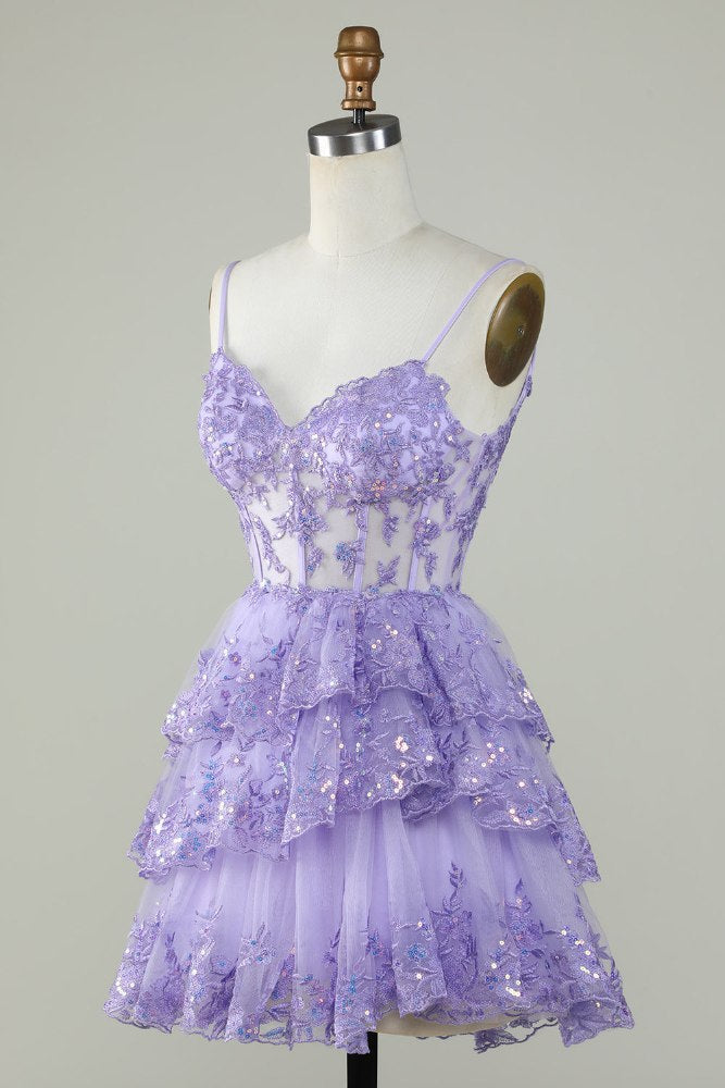 Lavender Spaghetti Straps A-line Tiered Homecoming Dress