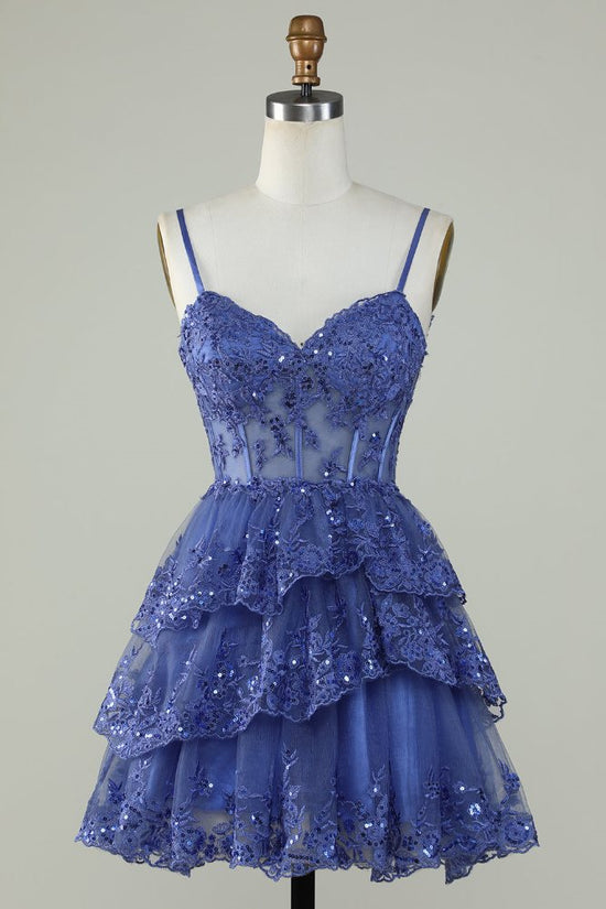 Blue Spaghetti Straps A-line Tiered Homecoming Dress