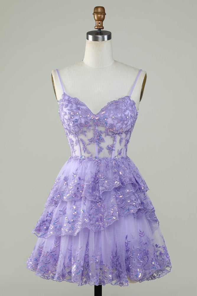 Lavender Spaghetti Straps A-line Tiered Homecoming Dress