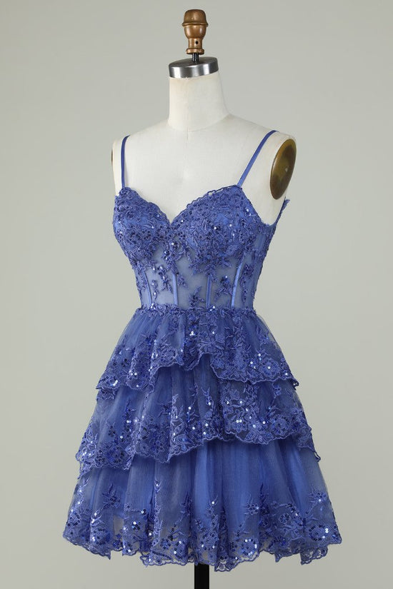 Blue Spaghetti Straps A-line Tiered Homecoming Dress