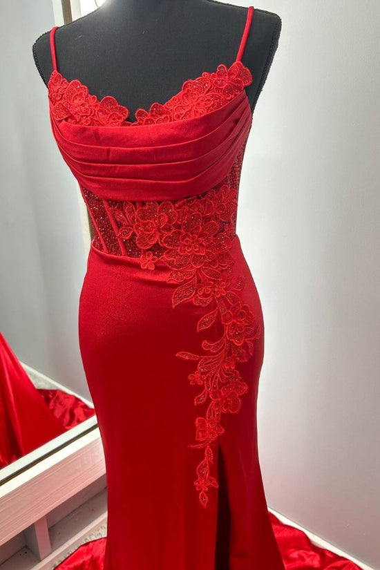 Red Applique Satin Mermaid Prom Dress with Slit