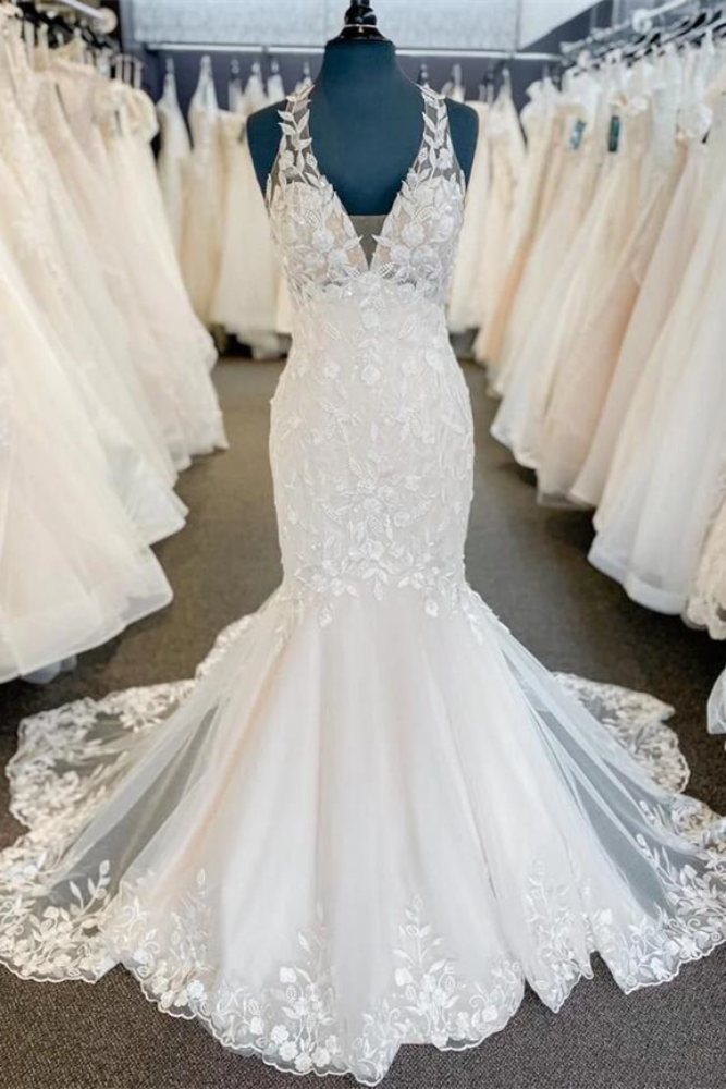 Ivory Halter V-Neck Lace Train Mermaid Bridal Dress