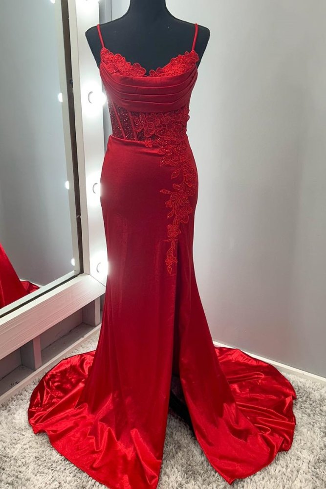 Red Applique Satin Mermaid Prom Dress with Slit