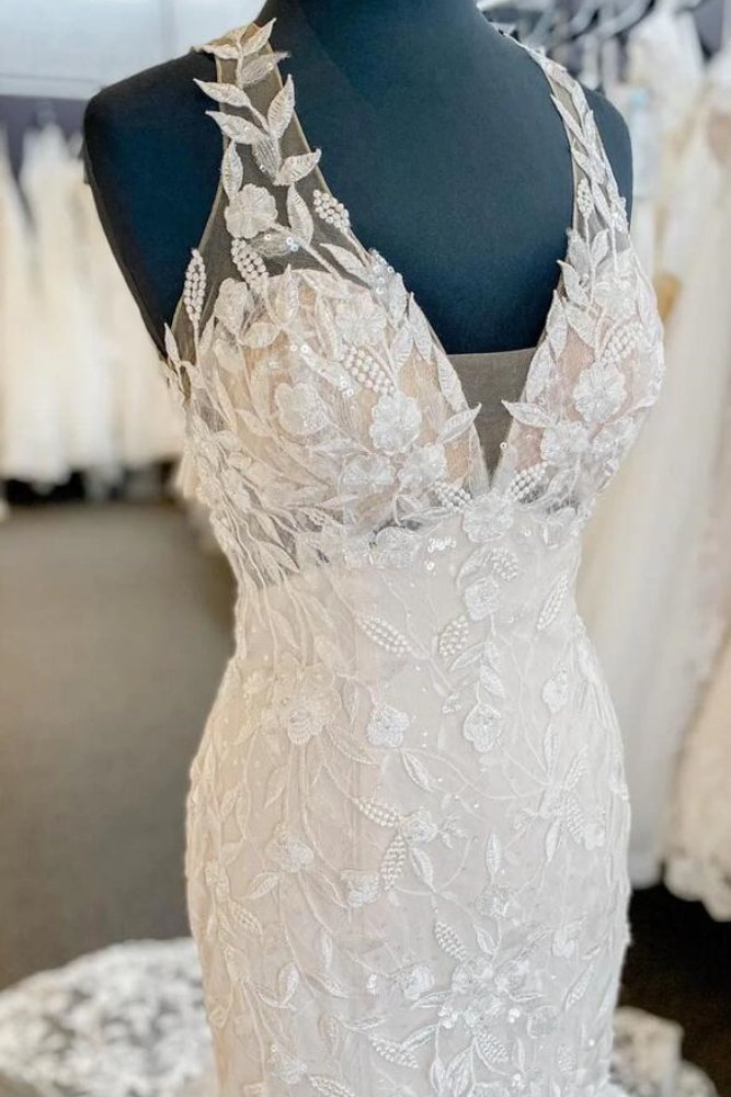 Ivory Halter V-Neck Lace Train Mermaid Bridal Dress