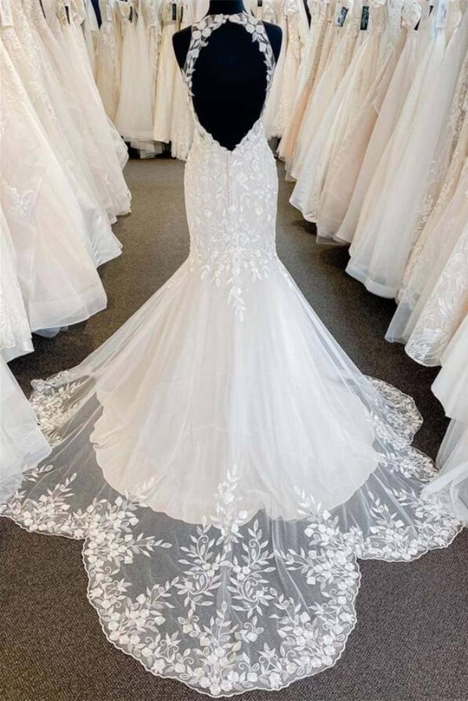 Ivory Halter V-Neck Lace Train Mermaid Bridal Dress