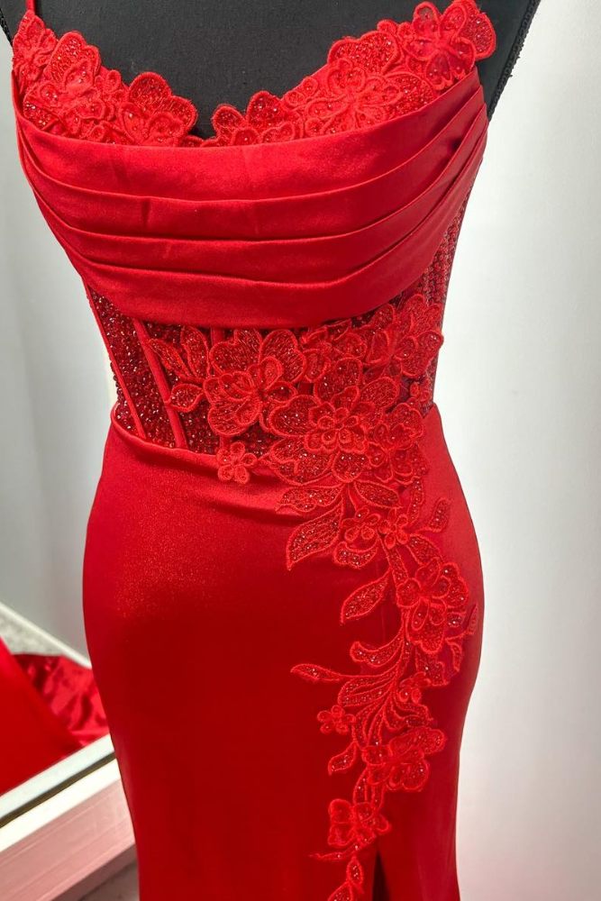 Red Applique Satin Mermaid Prom Dress with Slit