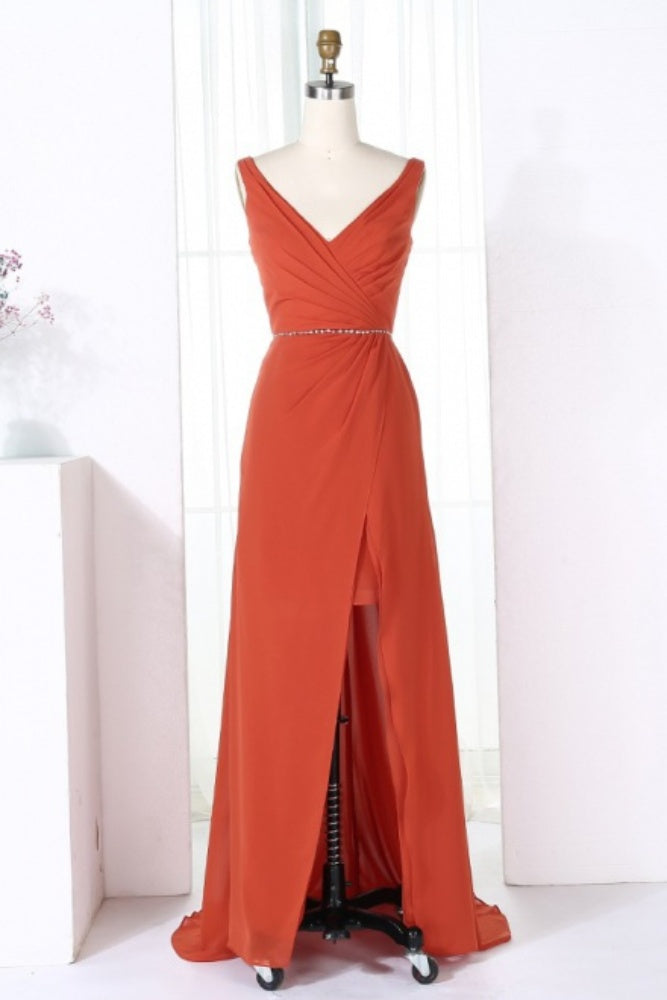 Burnt Orange V-Neck Mermaid Bridesmaid Dress with Slit