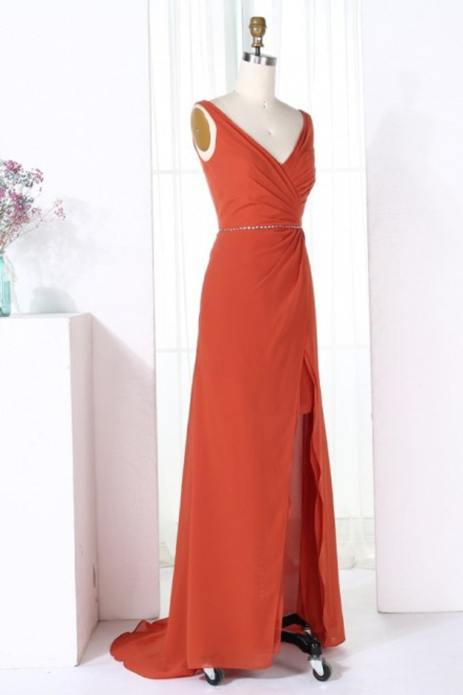 Burnt Orange V-Neck Mermaid Bridesmaid Dress with Slit