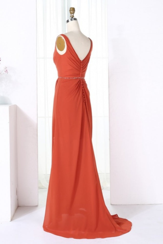 Burnt Orange V-Neck Mermaid Bridesmaid Dress with Slit