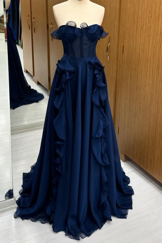 Dark Navy Strapless Ruffle A-Line Prom Dress