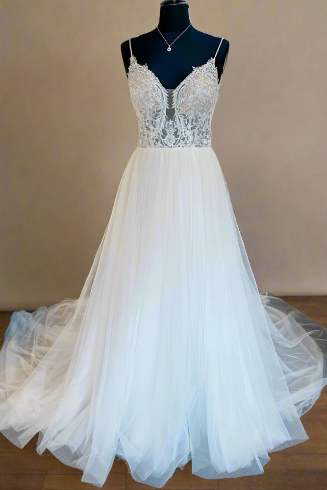 Ivory Spaghetti Straps A-Line Tulle Long Wedding Dress