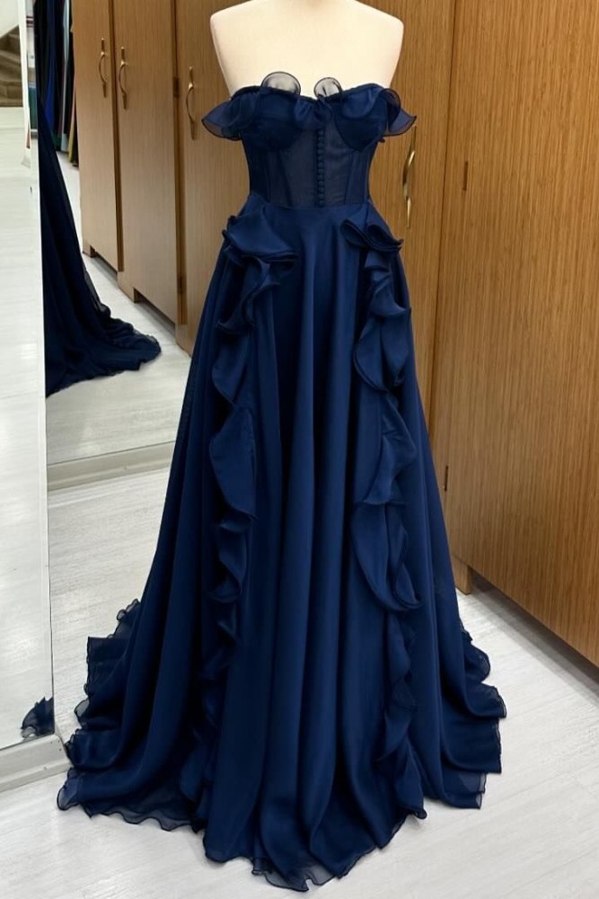 Dark Navy Strapless Ruffle A-Line Prom Dress