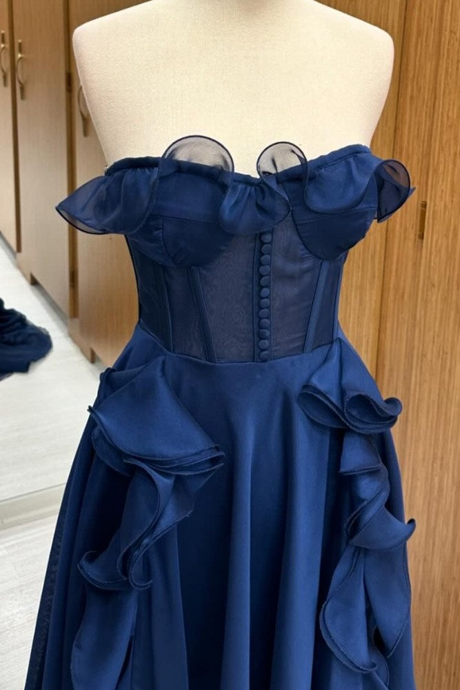 Dark Navy Strapless Ruffle A-Line Prom Dress