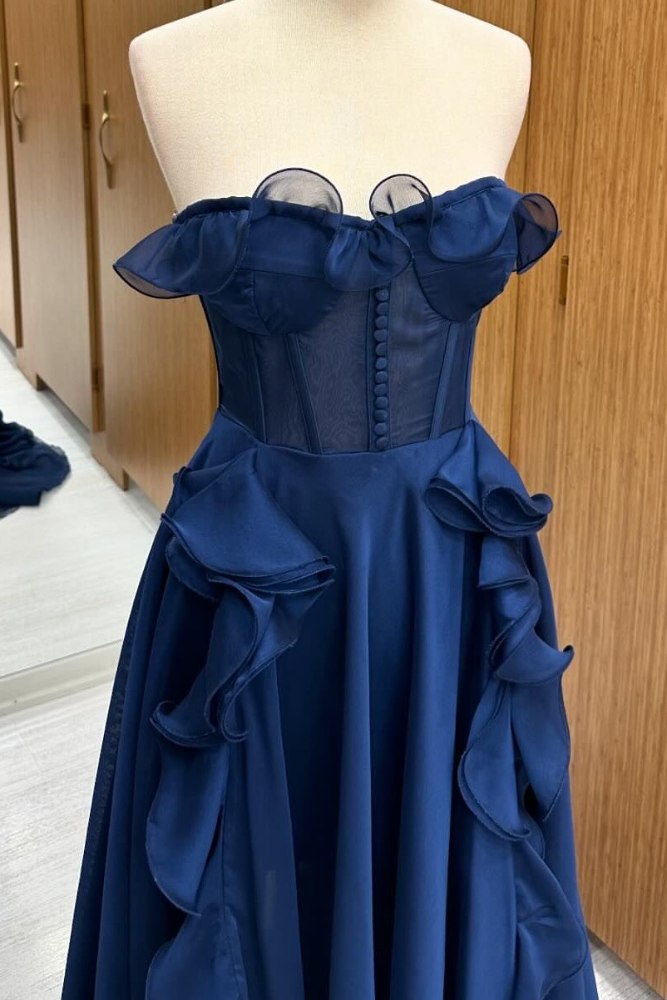 Dark Navy Strapless Ruffle A-Line Prom Dress