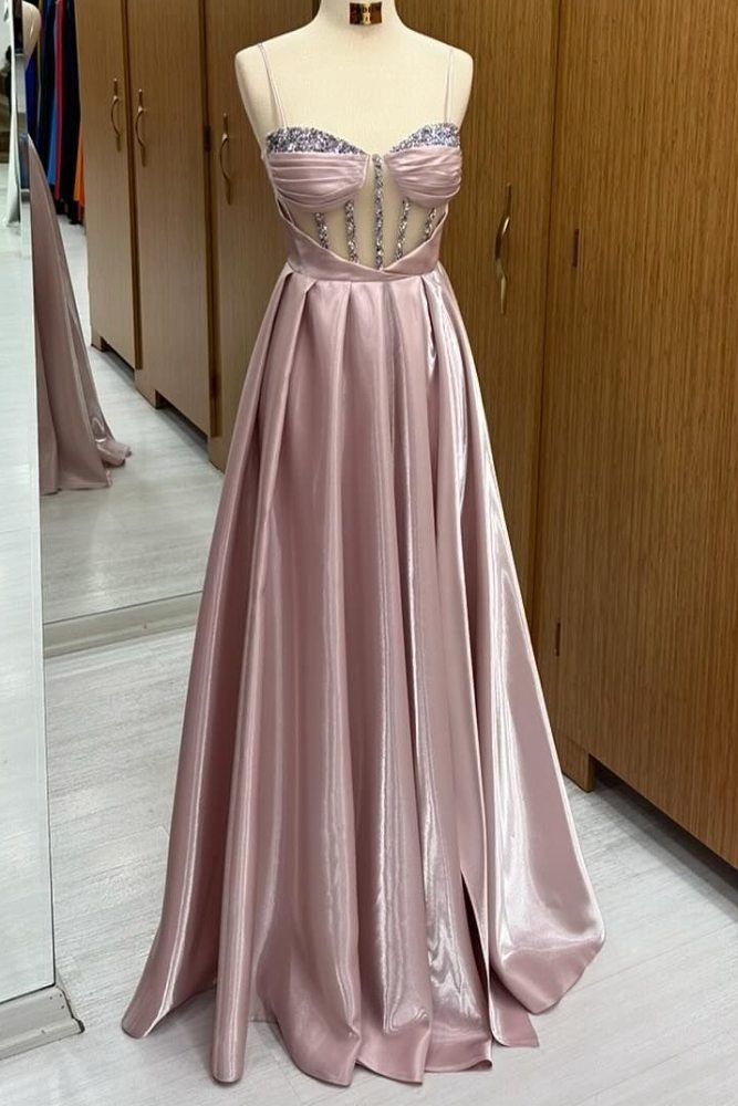 Dusty Pink Straps Sequin Pleated Long Prom Dress