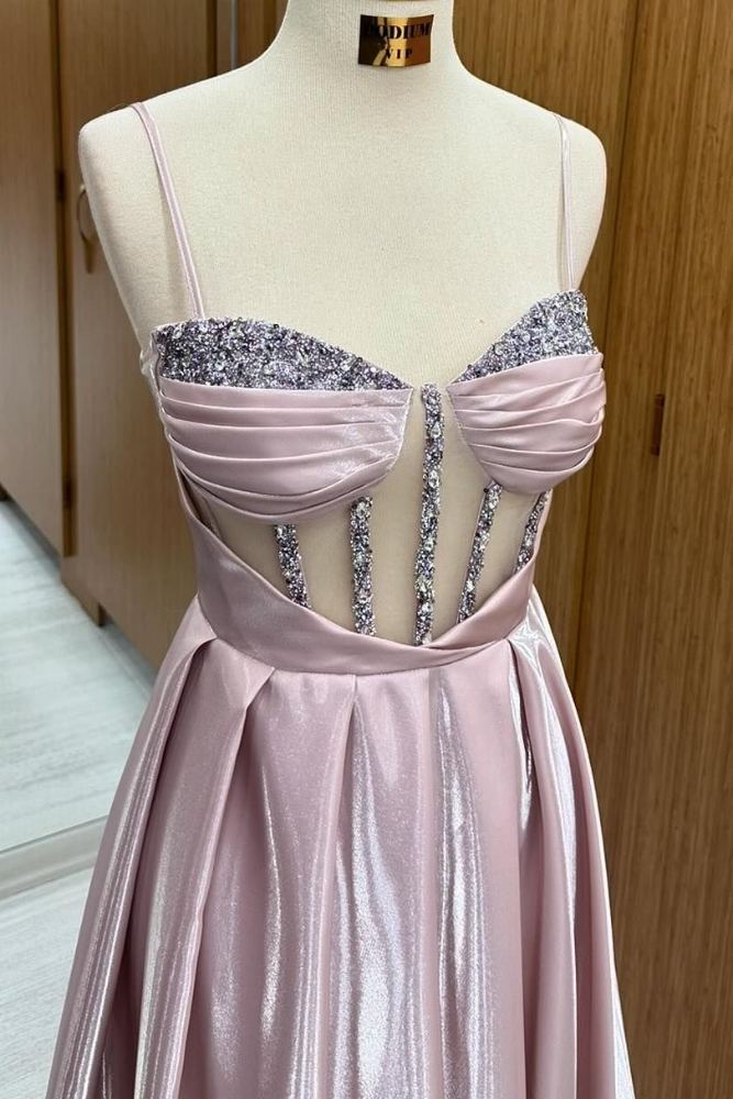 Dusty Pink Straps Sequin Pleated Long Prom Dress