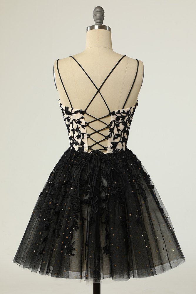 Black  Double Straps  Applique Short Tulle Ruffle Homecoming Dresses