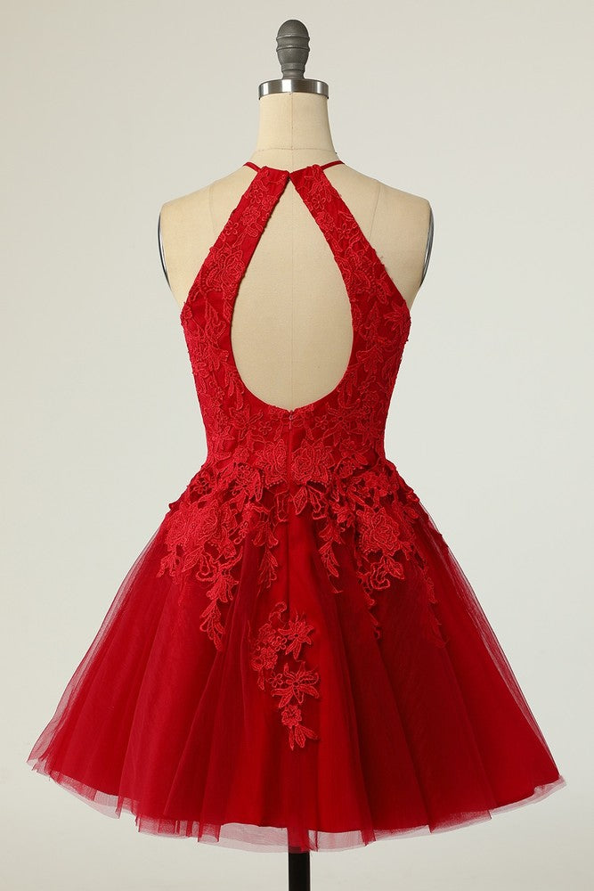 Red Halter Sleeveless Applique  A-Line Mini Homecoming Dress