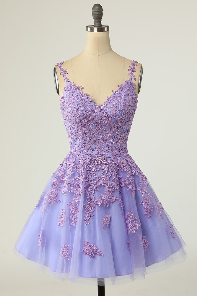 Lavender Straps V-Neck Applique A-Line Homecoming Dresses